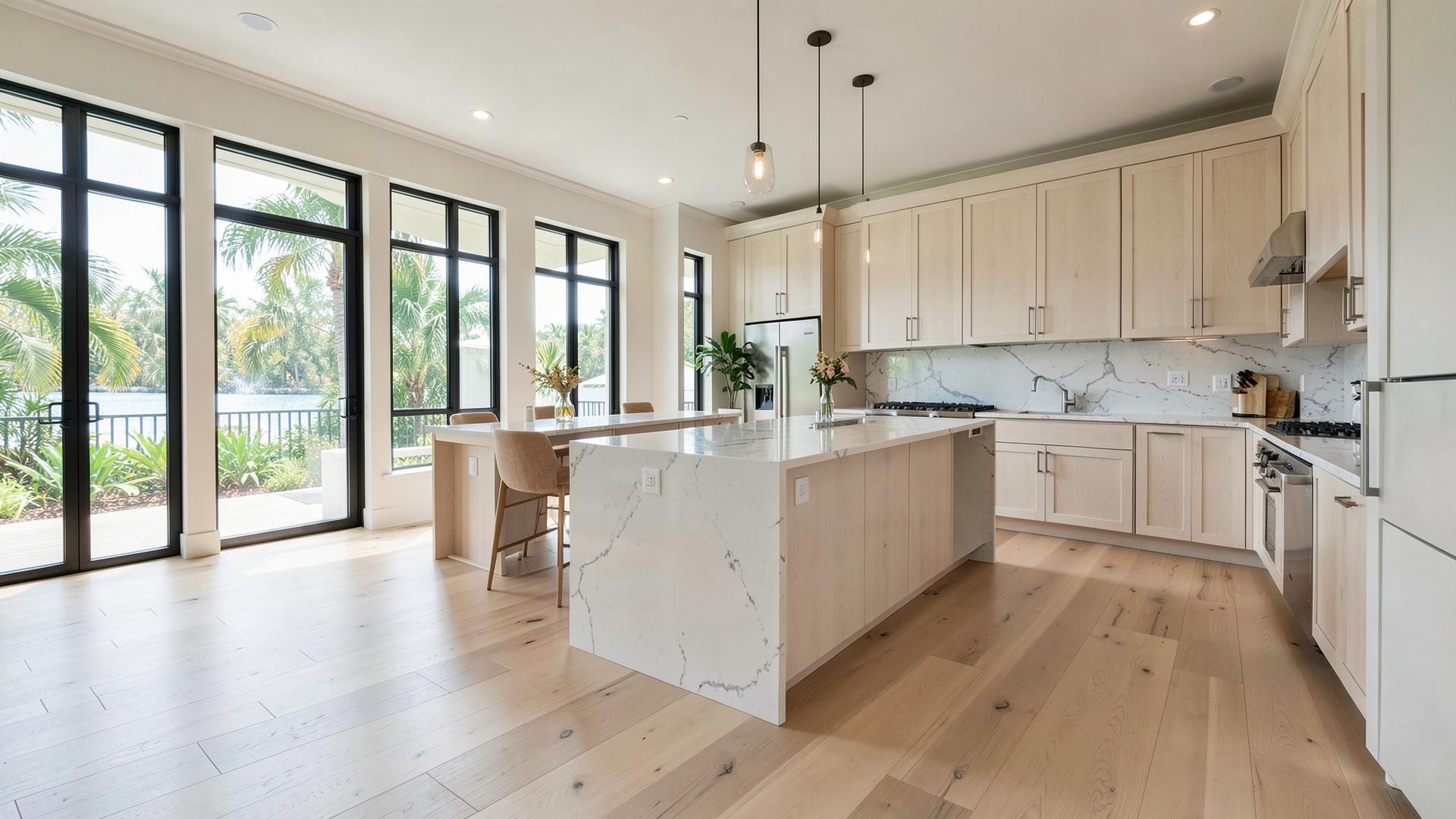 Renovated open-plan coastal kitchen and living space completed in the Florida Panhandle
