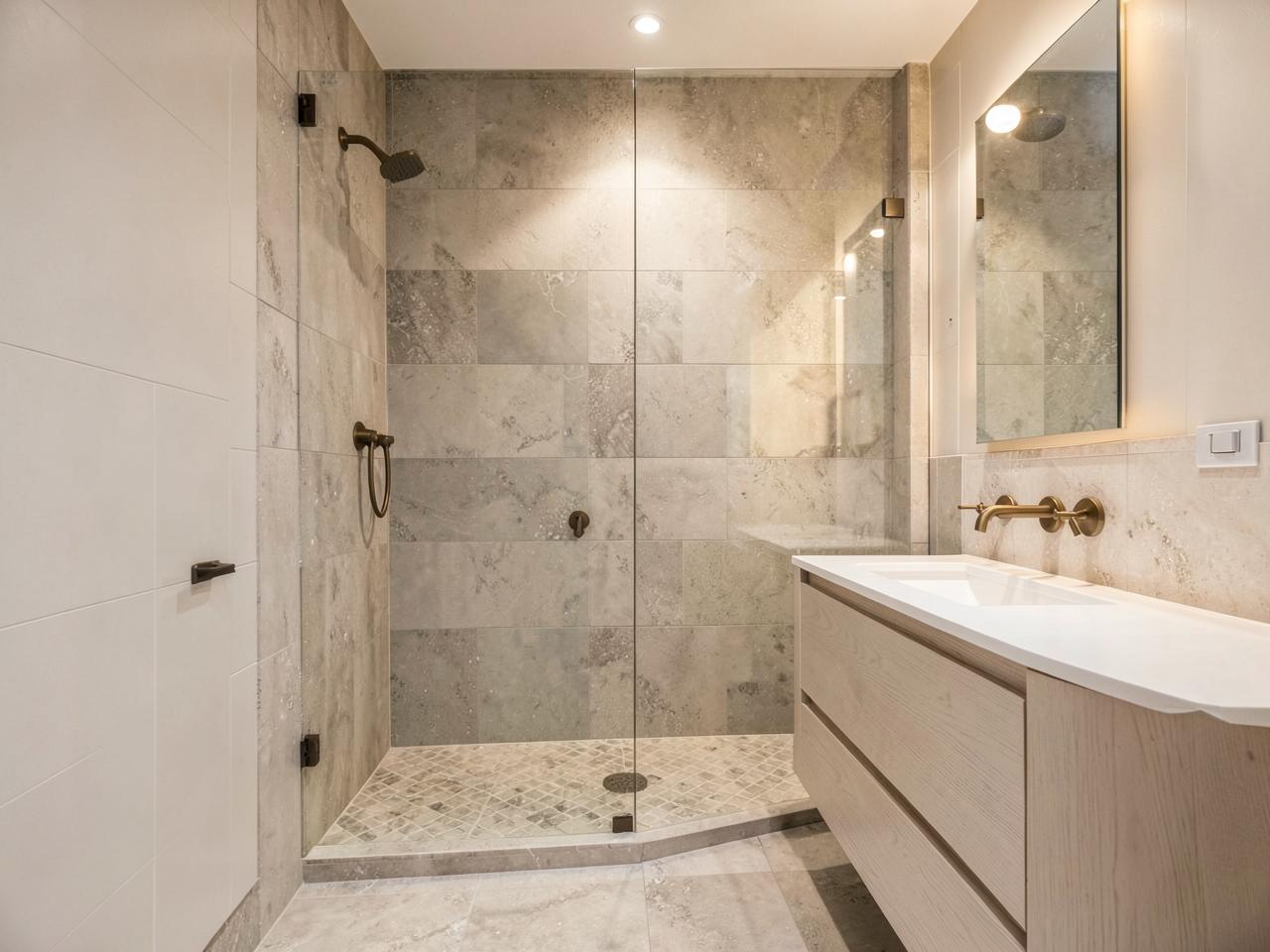 Completed bathroom renovation with large-format tile shower