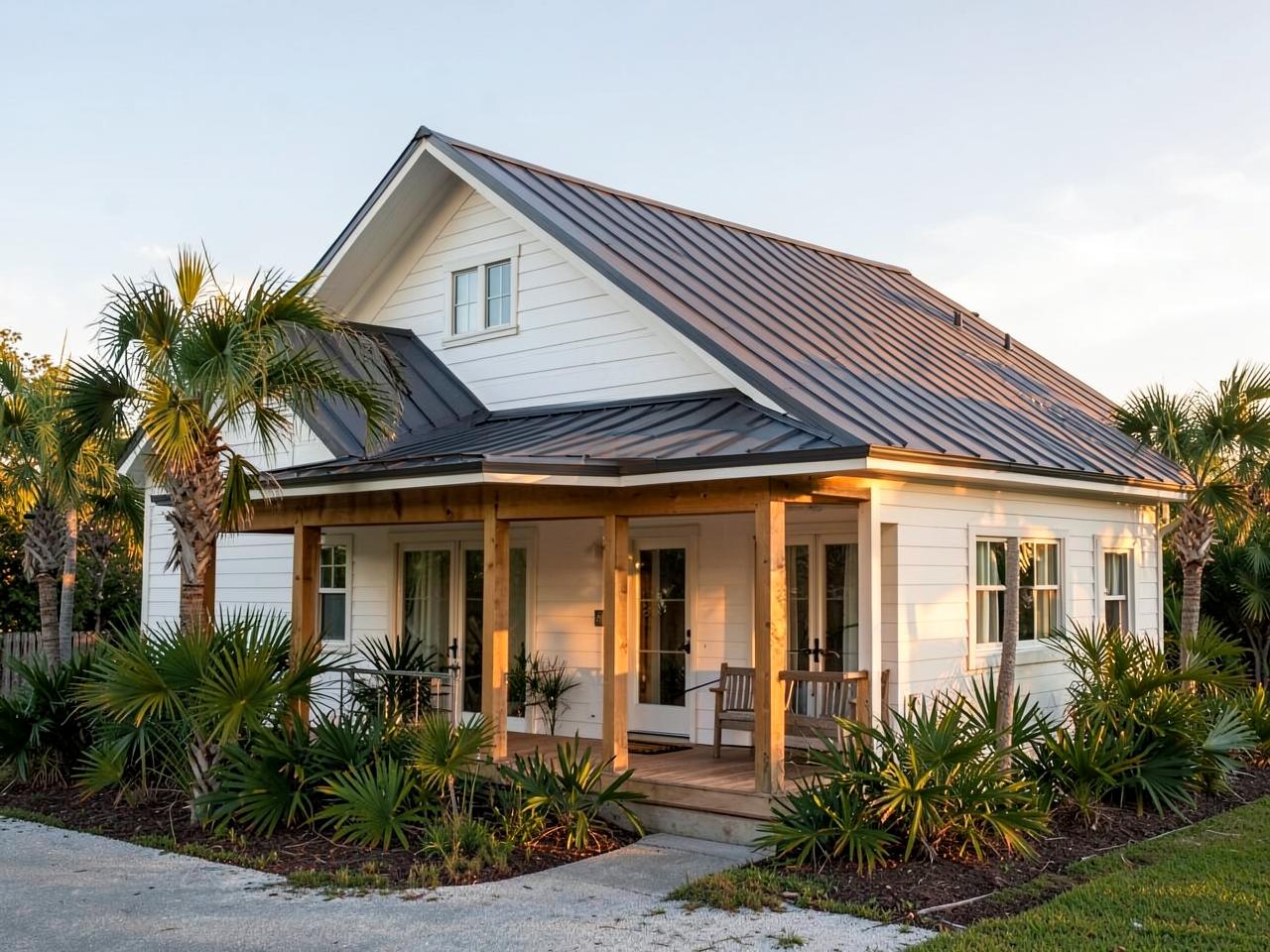 Renovated Florida coastal home exterior with white siding, charcoal metal roof, and wood porch